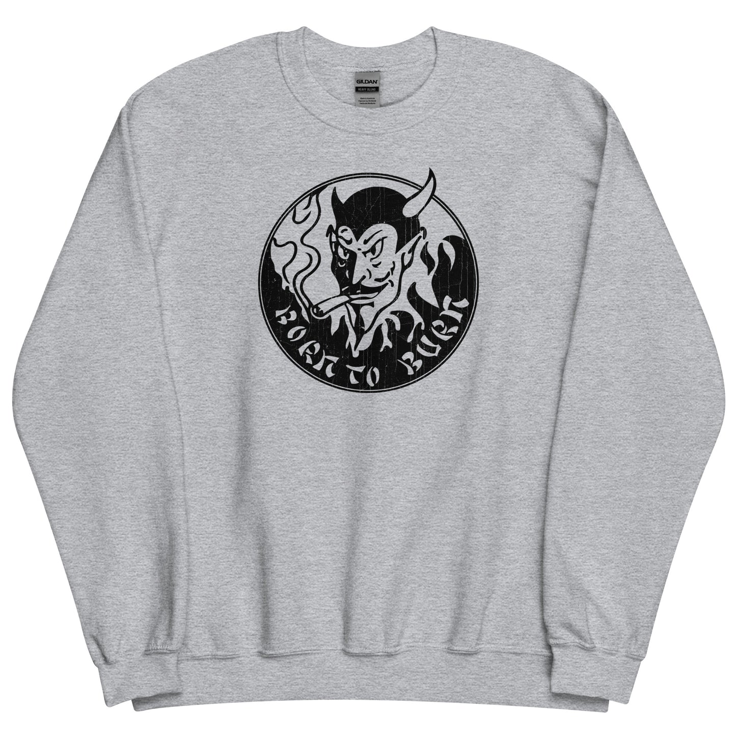 BORN TO BURN 80s Horror Devil Logo Stooge Cosplay Distressed Unisex Sweatshirt