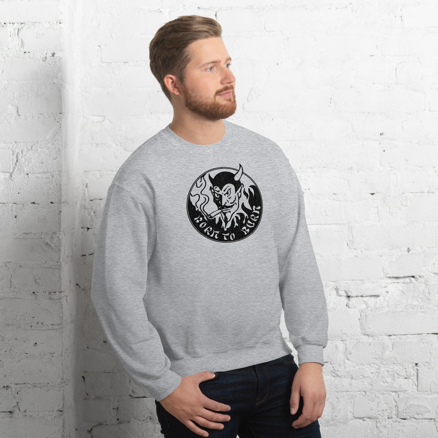 BORN TO BURN 80s Horror Devil Logo Stooge Cosplay Distressed Unisex Sweatshirt
