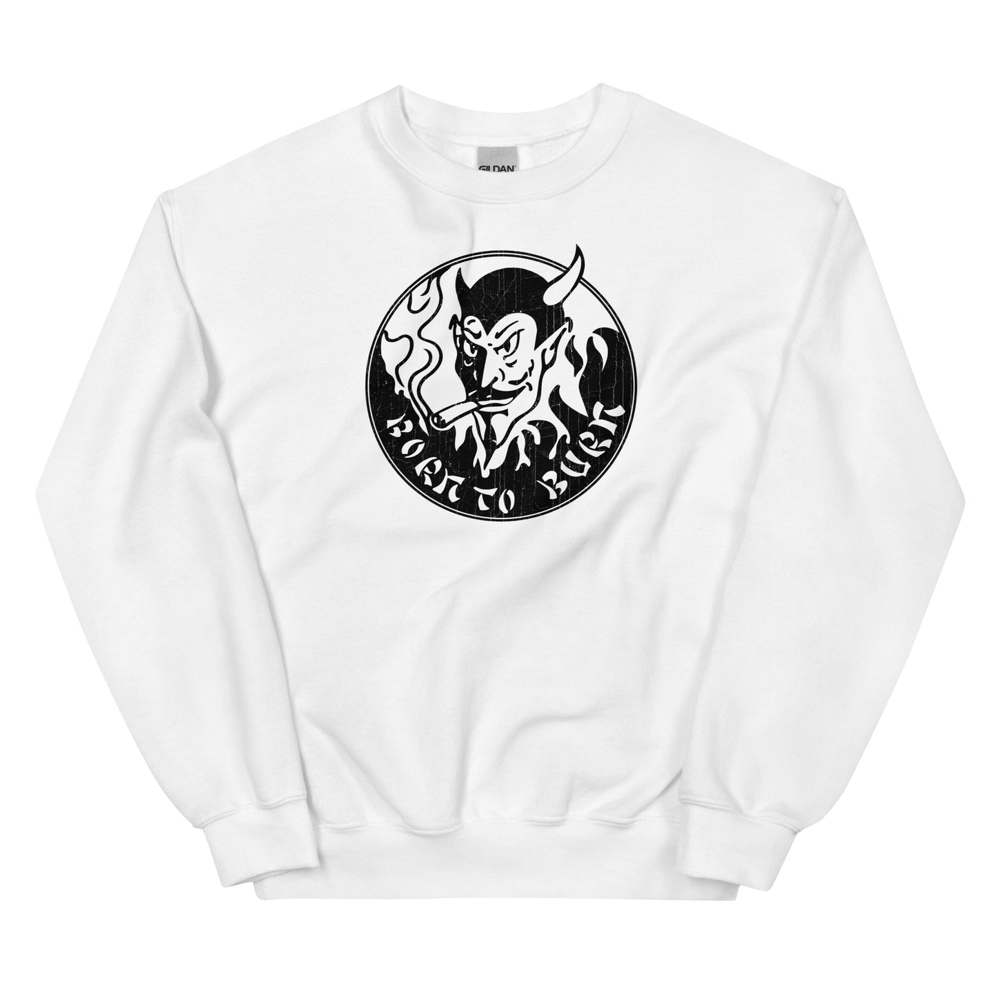 BORN TO BURN 80s Horror Devil Logo Stooge Cosplay Distressed Unisex Sweatshirt
