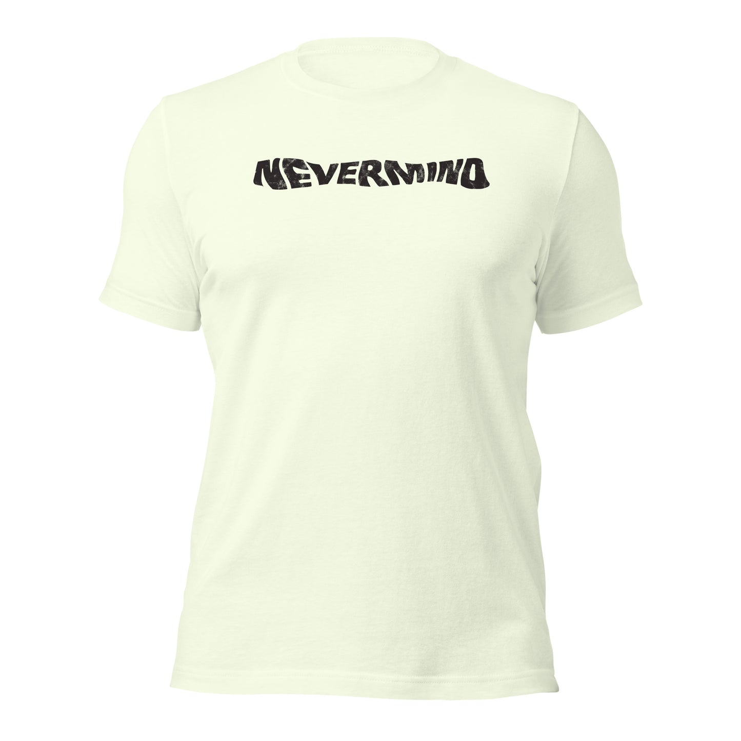 Nevermind Distressed Wordmark Grunge-Inspired Minimalist Sofstyle Tee