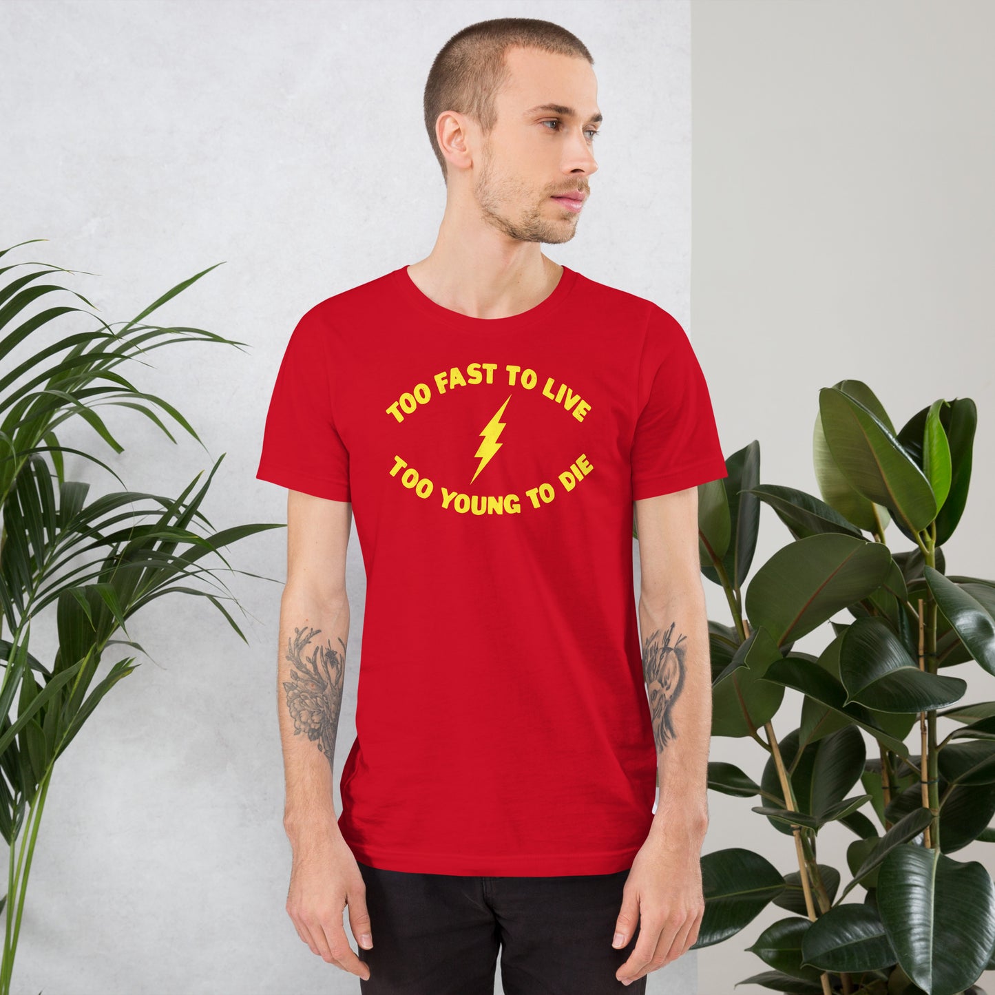 Too Fast To Live Too Young To Die (Yellow) Lightning Bolt Punk Rock Speedster Softstyle Unisex T-Shirt